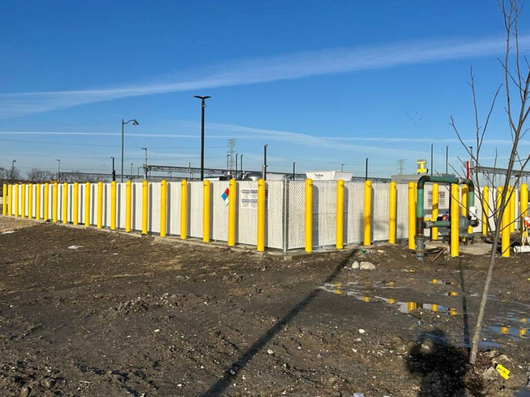 Galvanized Chain Link With Privacy Slats & Safety Bollards