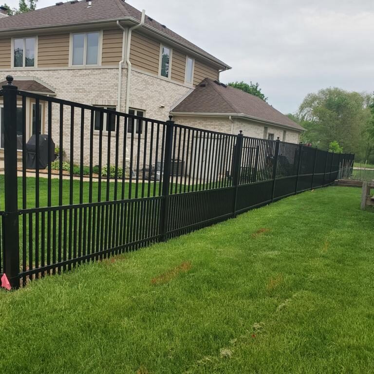 A black iron fence with a slide in the yard.